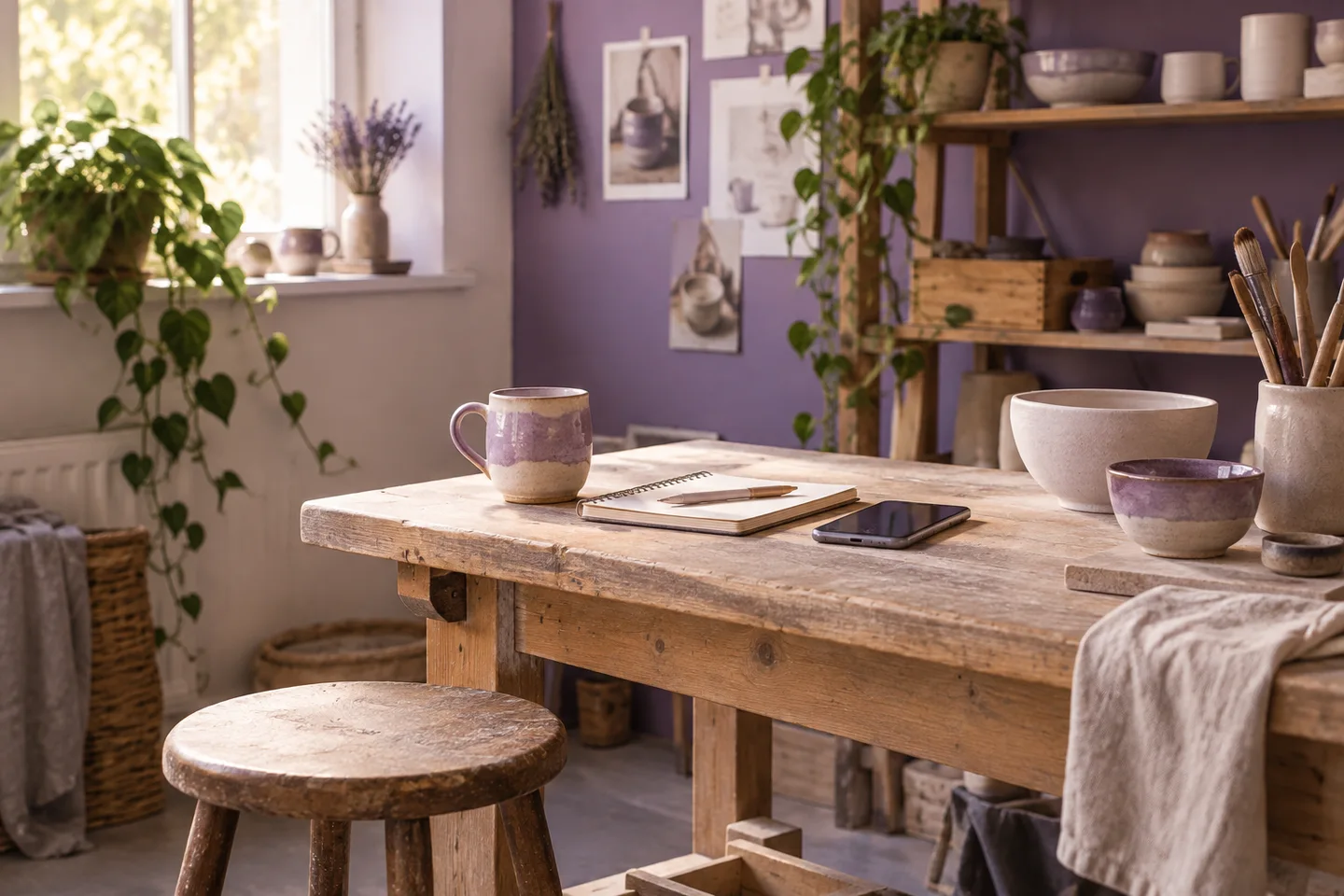 Concept photograph: Compact independent studio workbench with one phone, order notebook, ceramics and warm daylight, lavender wall accent, personal and practical