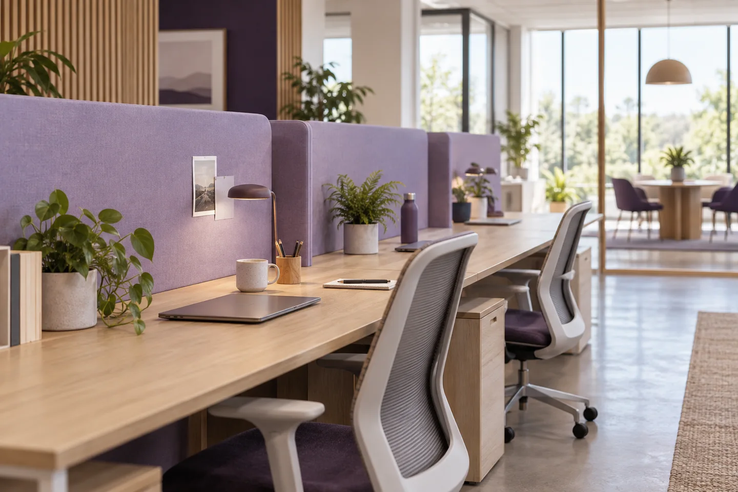 Concept photograph: A row of three different workstations in a bright open-plan office, lilac acoustic panels and oak, view down the desks emphasizing room to grow
