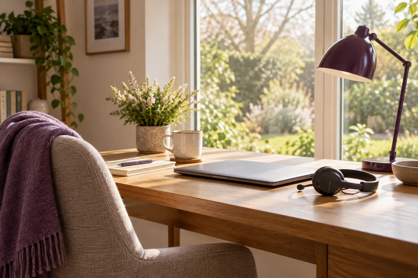 Concept photograph: A quiet home workspace beside a large garden window, lightweight headset and closed laptop, plum desk lamp, warm natural morning light