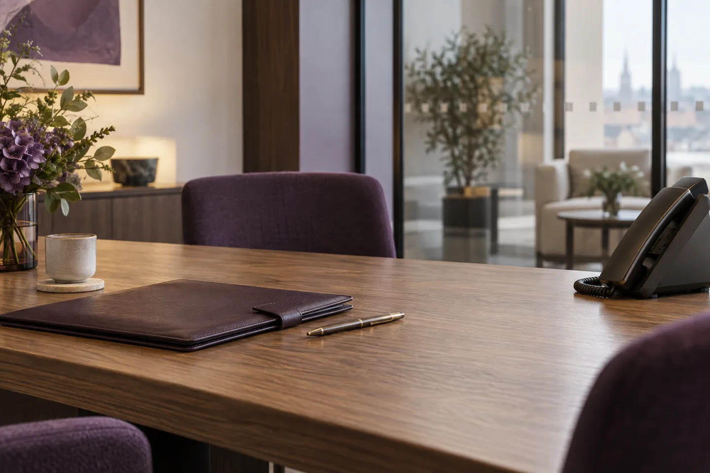 Close view of a professional consulting room table with leather portfolio